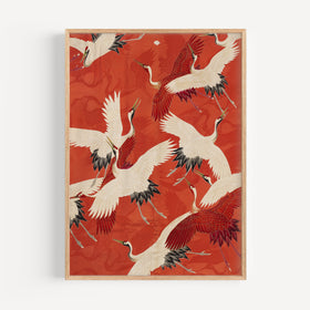Roter Kimono mit weißen Kranichen Japan Poster